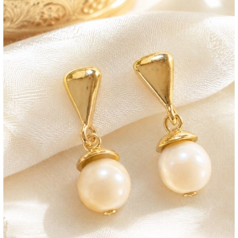 Vintage Faux Pearl Drop Earrings Gold Tone Geometric Dangle Pierced 1980s